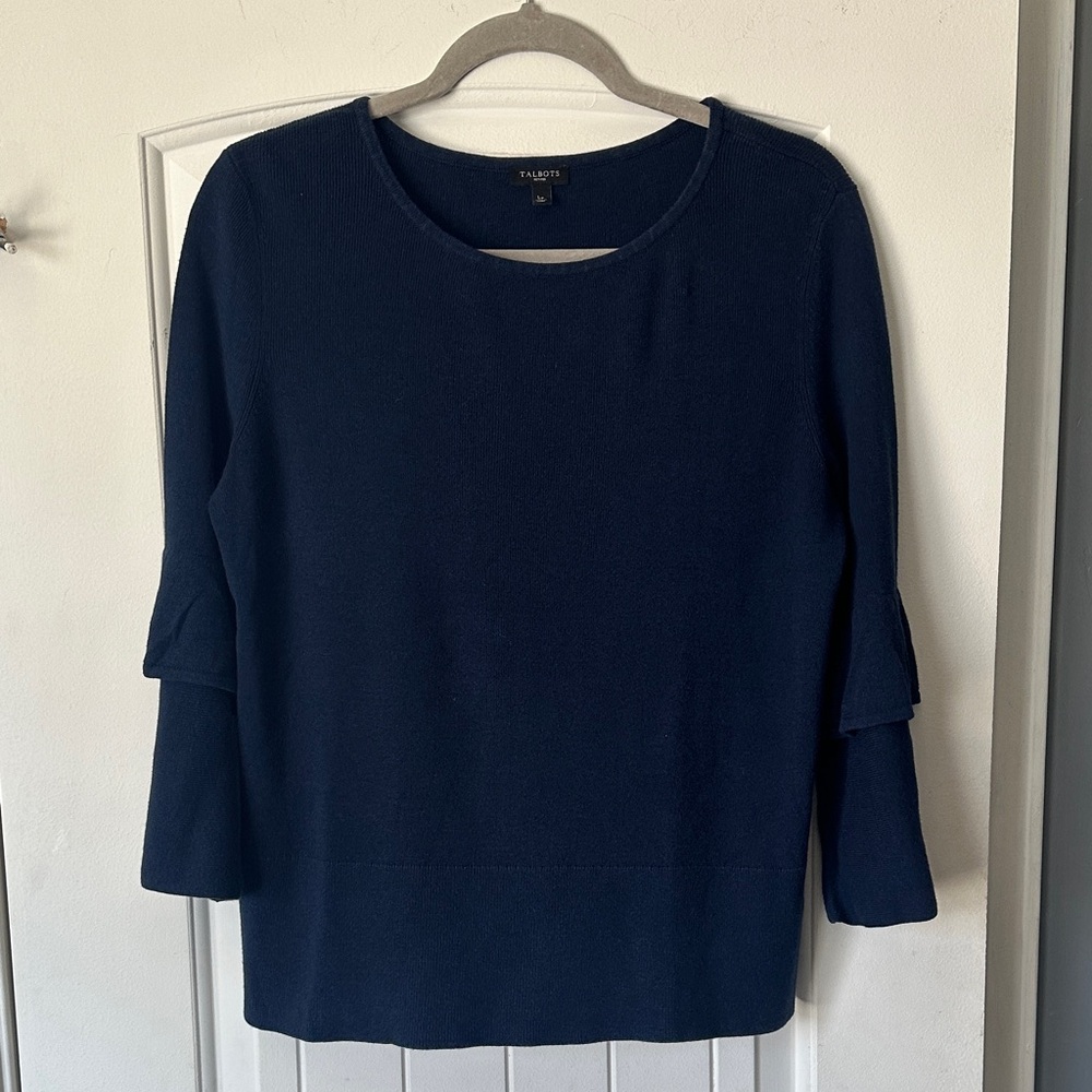 Talbots Navy Crew Cotton Neck Top Ruffle Sleeves - Large Petite